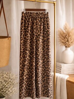 Leopard Print Wide Leg Pants - Brown